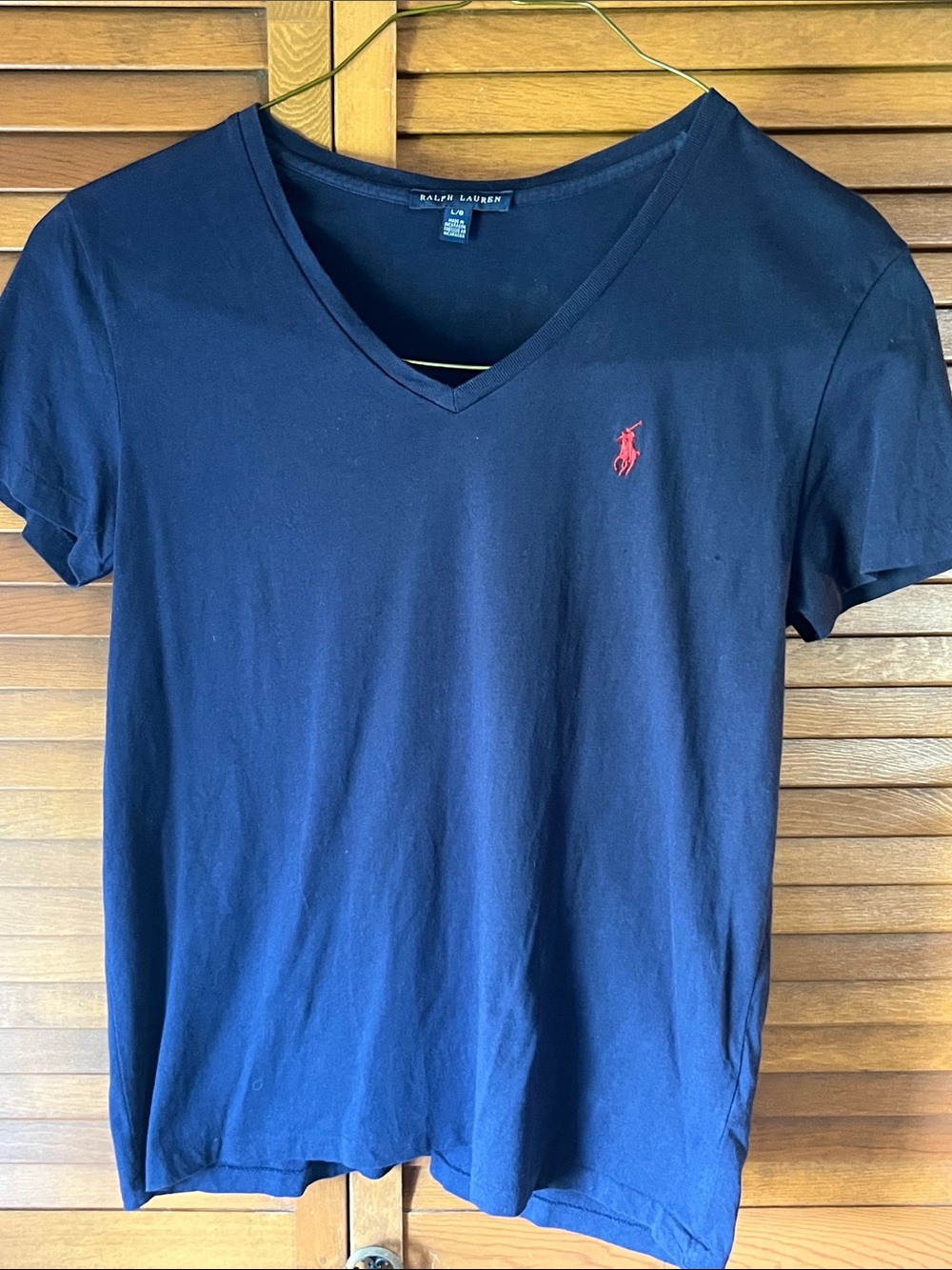 Ralph Lauren Navy V-Neck T-Shirt with Red Pony Embroidery Size L